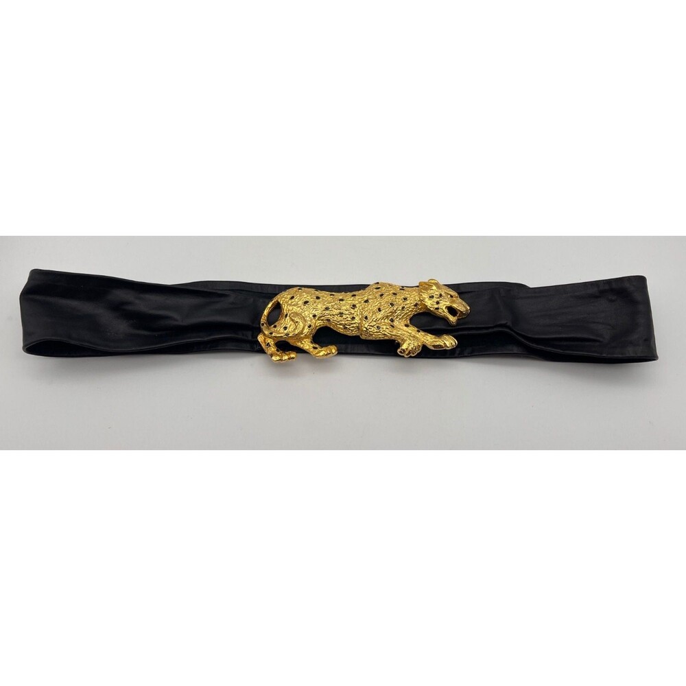 Vintage 1980s Leather Belt Black Size Large Gold Leopard Cheetah Buckle